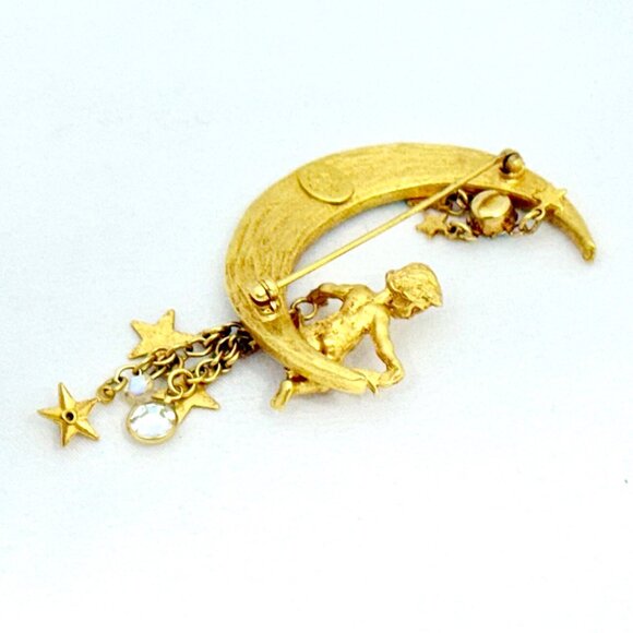 Vintage Kirk's Folly Crescent Moon Brooch With Cherub & Dangling Stars - Picture 7 of 8